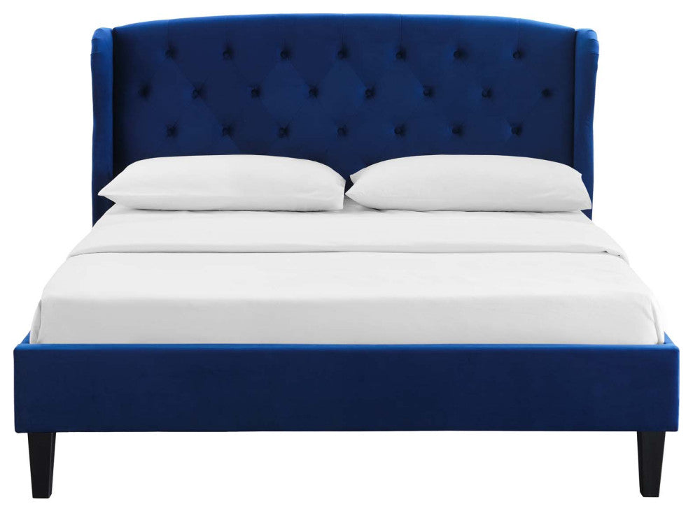 Penelope Tufted Wingback Queen Performance Velvet Platform Bed-Navy