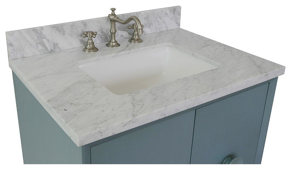 31" Single Vanity, Aqua Blue Finish With White Carrara Top