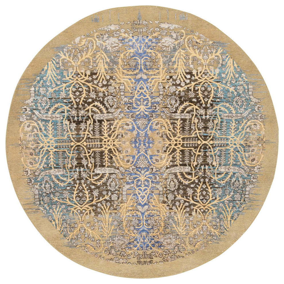 Tan/Brown Transitional Sarouk Silk With Wool Hand Knotted Round Rug, 6'0"x6'0"
