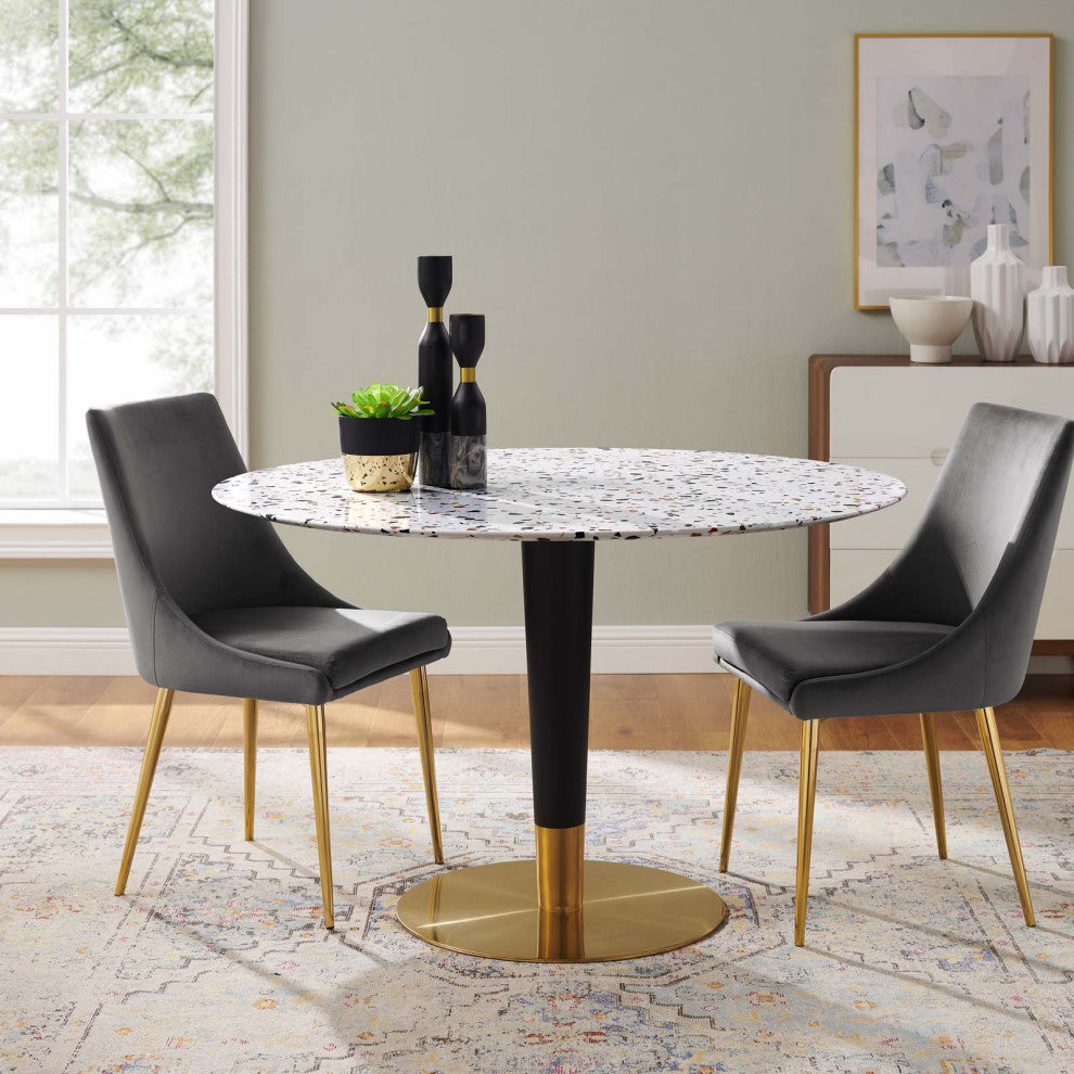 47" Dining Table, Round, White Gold, Metal, Modern Cafe Bistro Hospitality