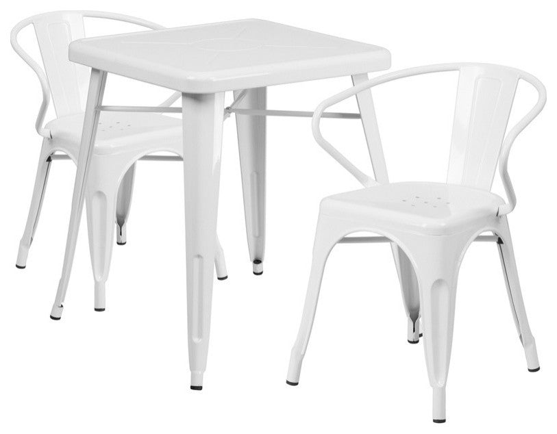 Metal Indoor-Outdoor Table Set With 2 Arm Chairs, White, 27.75"x27.75"x29"