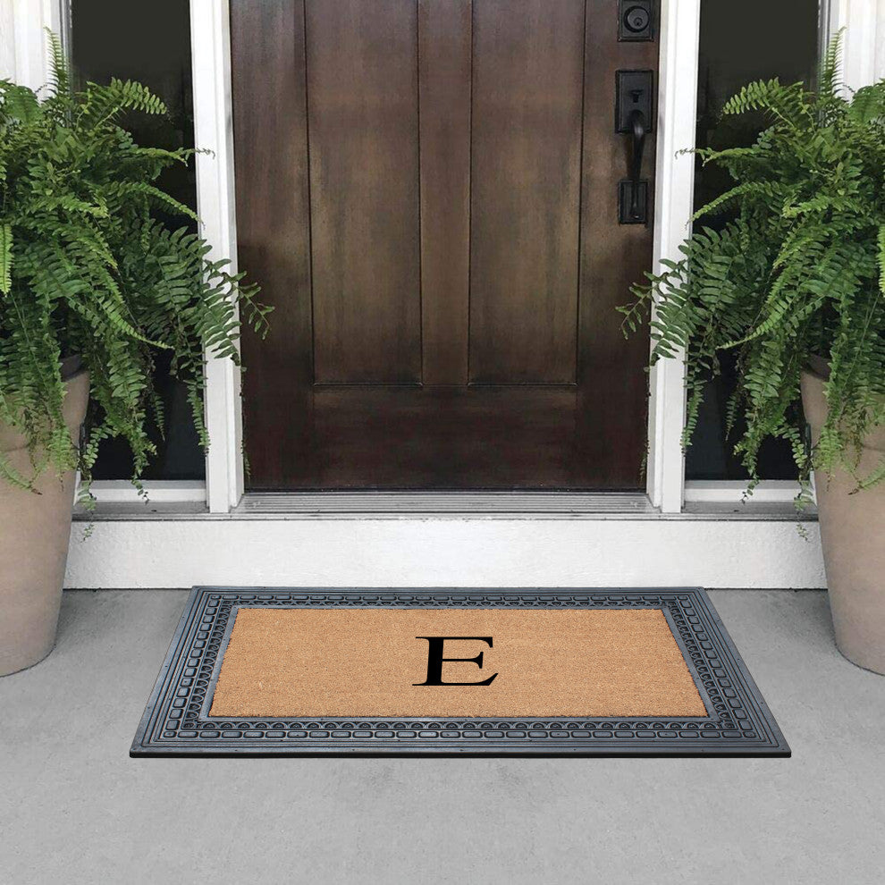 Rubber And Coir, Black/Beige  24"x39" Heavy Duty Outdoor Monogrammed Doormat, E