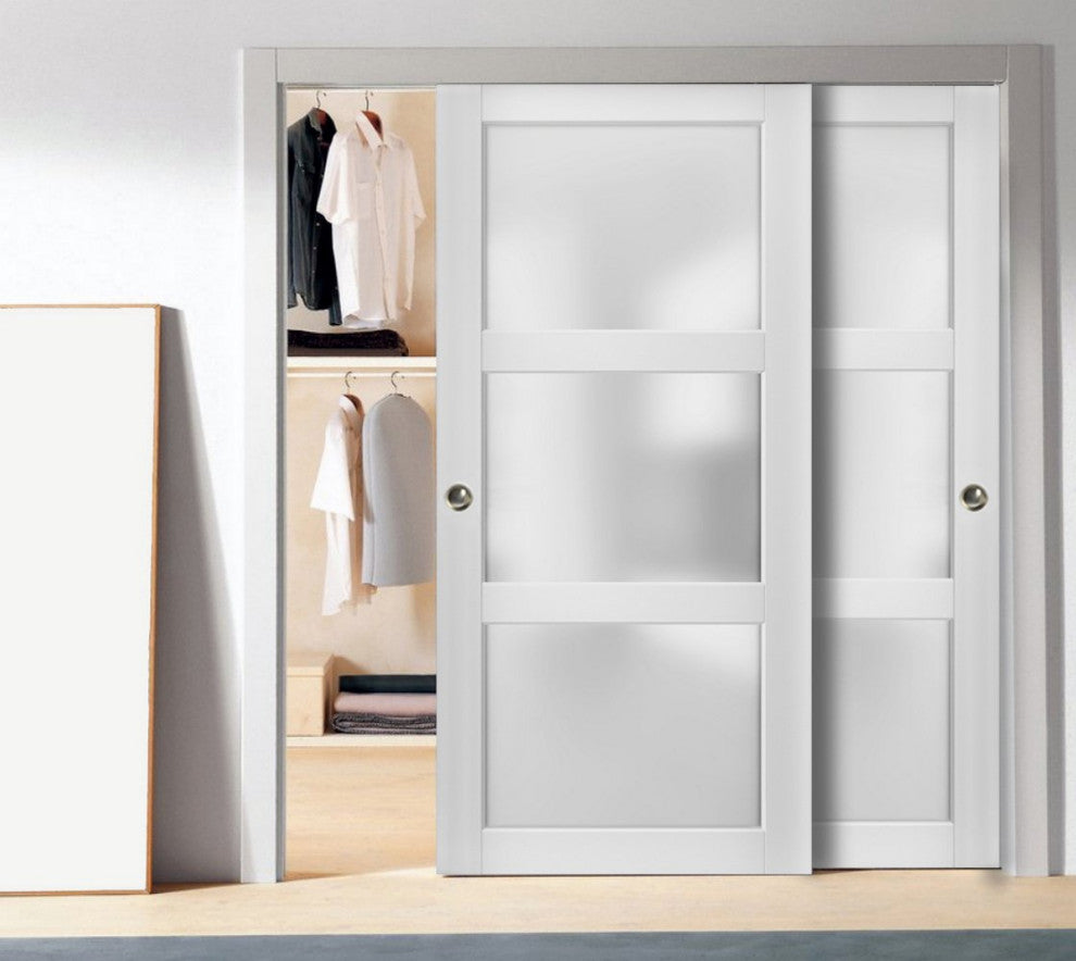 Closet Frosted Glass 3 Lites Bypass Doors 72x80 | Lucia 2552 Matte White