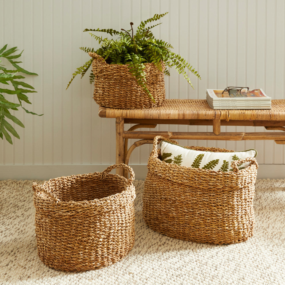 Sea Grass Oval Baskets With Cuffs, Set of 3
