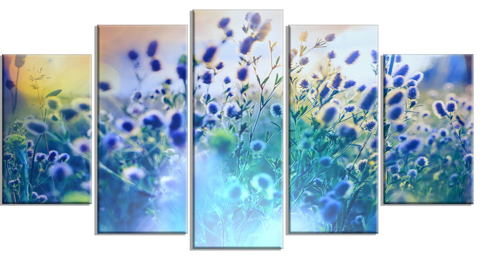Blue Summer Flowers on Meadow, Floral Canvas Art Print, 60"x32", 5 Panels