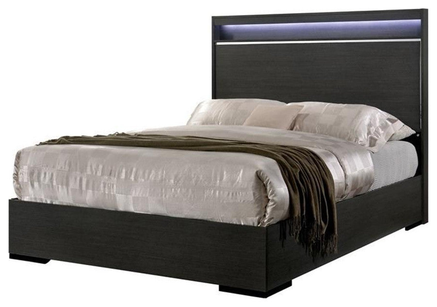 Furniture of America Henly Wood King Panel Bed with LED Lights in Warm Gray