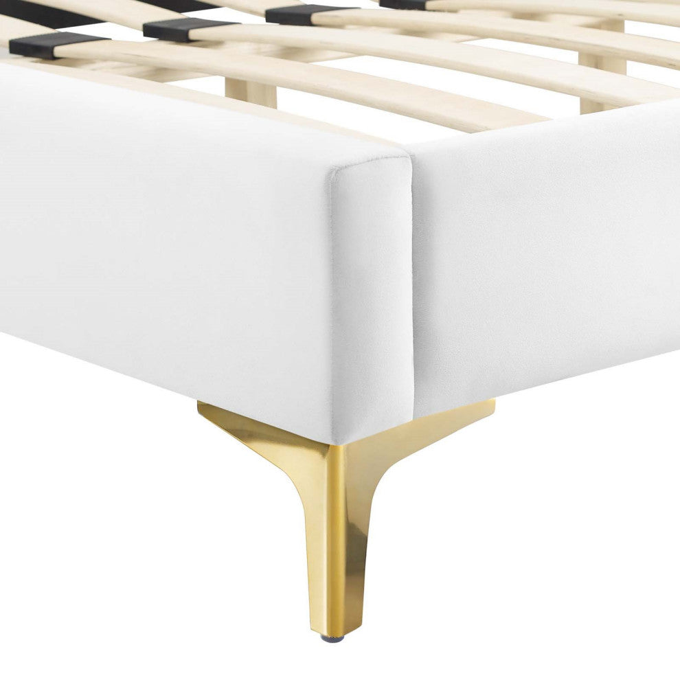 Platform Bed Frame, Queen Size, Velvet, White, Modern Contemporary, Bedroom