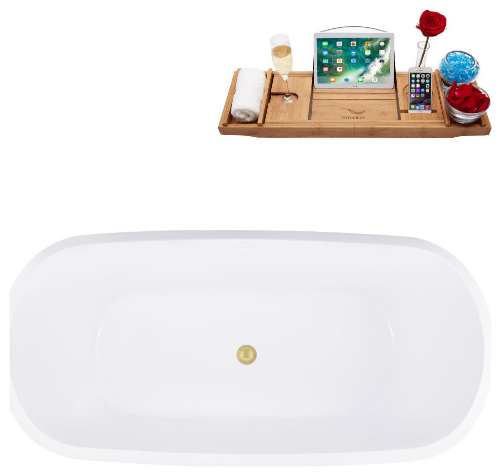 59" Streamline Bathtub and Tray With Drain, Polished Brass