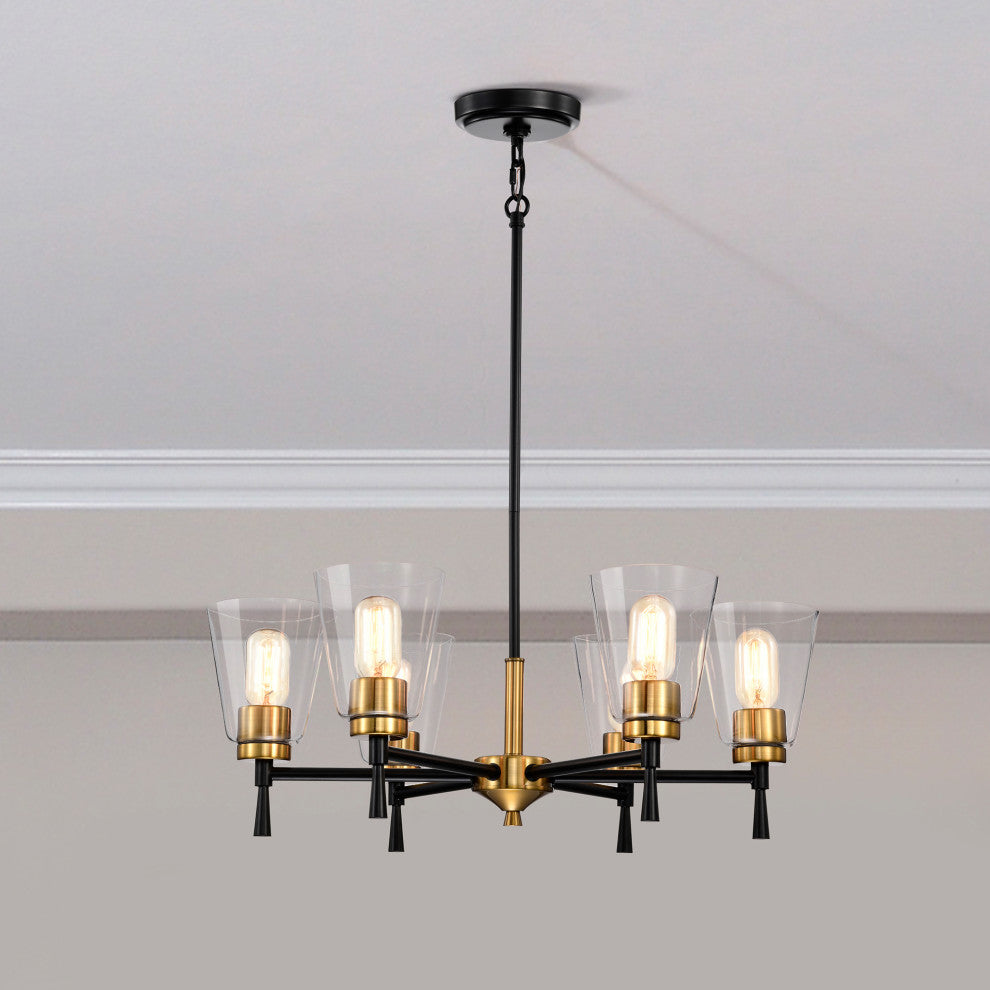 6-Light Black and Antique Brass Chandelier With Clear Cone Glass Shades