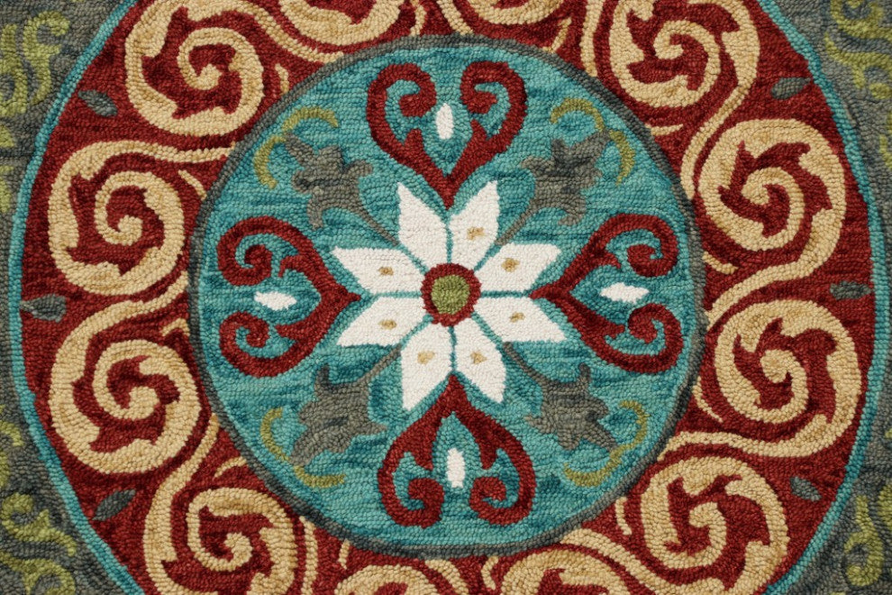 7" Round Red and Sage Medallion Area Rug