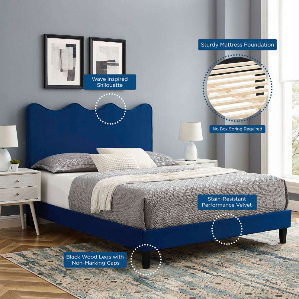 Platform Bed Frame, King Size, Blue Navy, Velvet, Modern, Bedroom Guest Suite