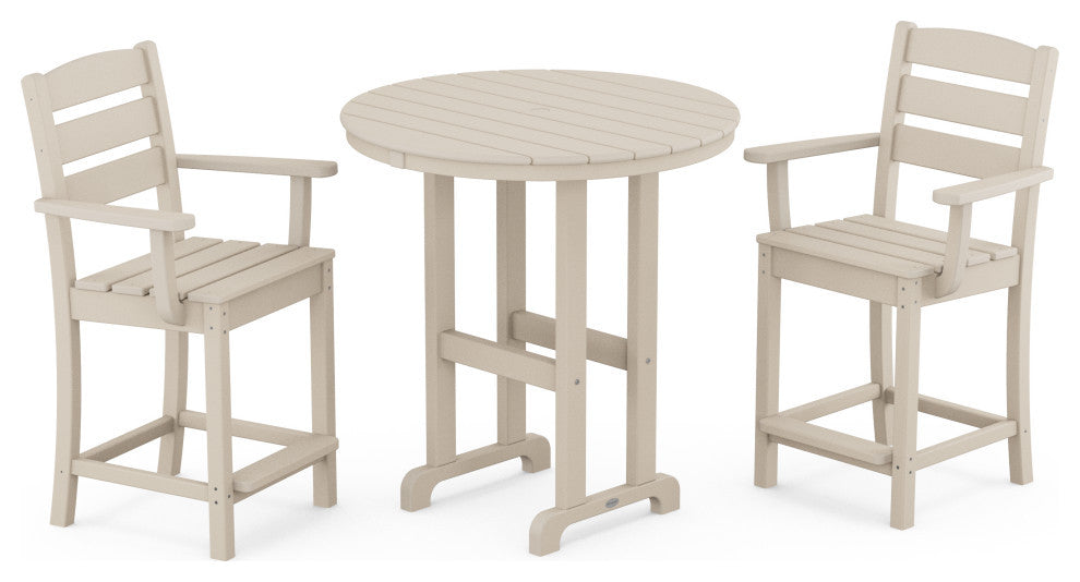 POLYWOOD Lakeside 3-Piece Round Farmhouse Arm Chair Counter Set, Sand