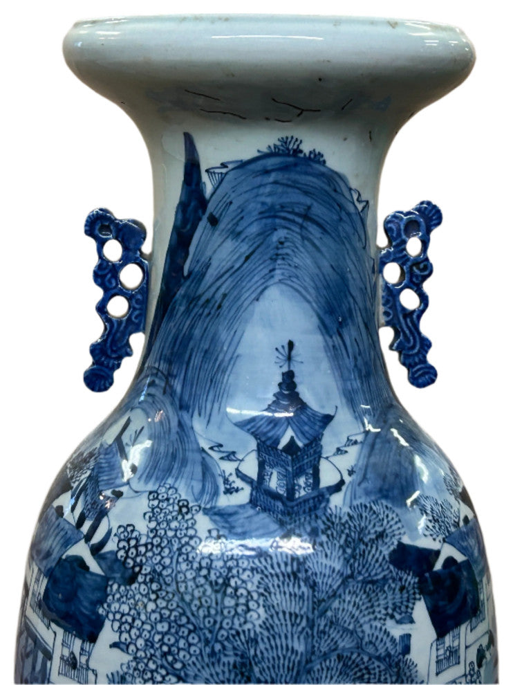 23.5" Vintage Blue White Scenery Porcelain Ru Yi Ear Art Vase Hws4430