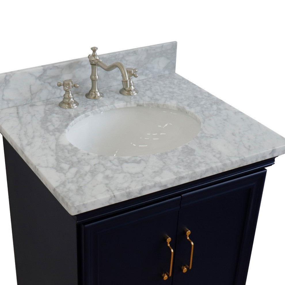 25" Single Vanity, Blue Finish With White Carrara And Oval Sink