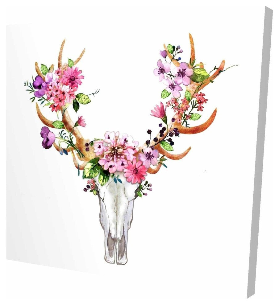 Rustic Deer Skull With Flowers, Fine Art Gallery Wrapped Canvas, 24"x24''