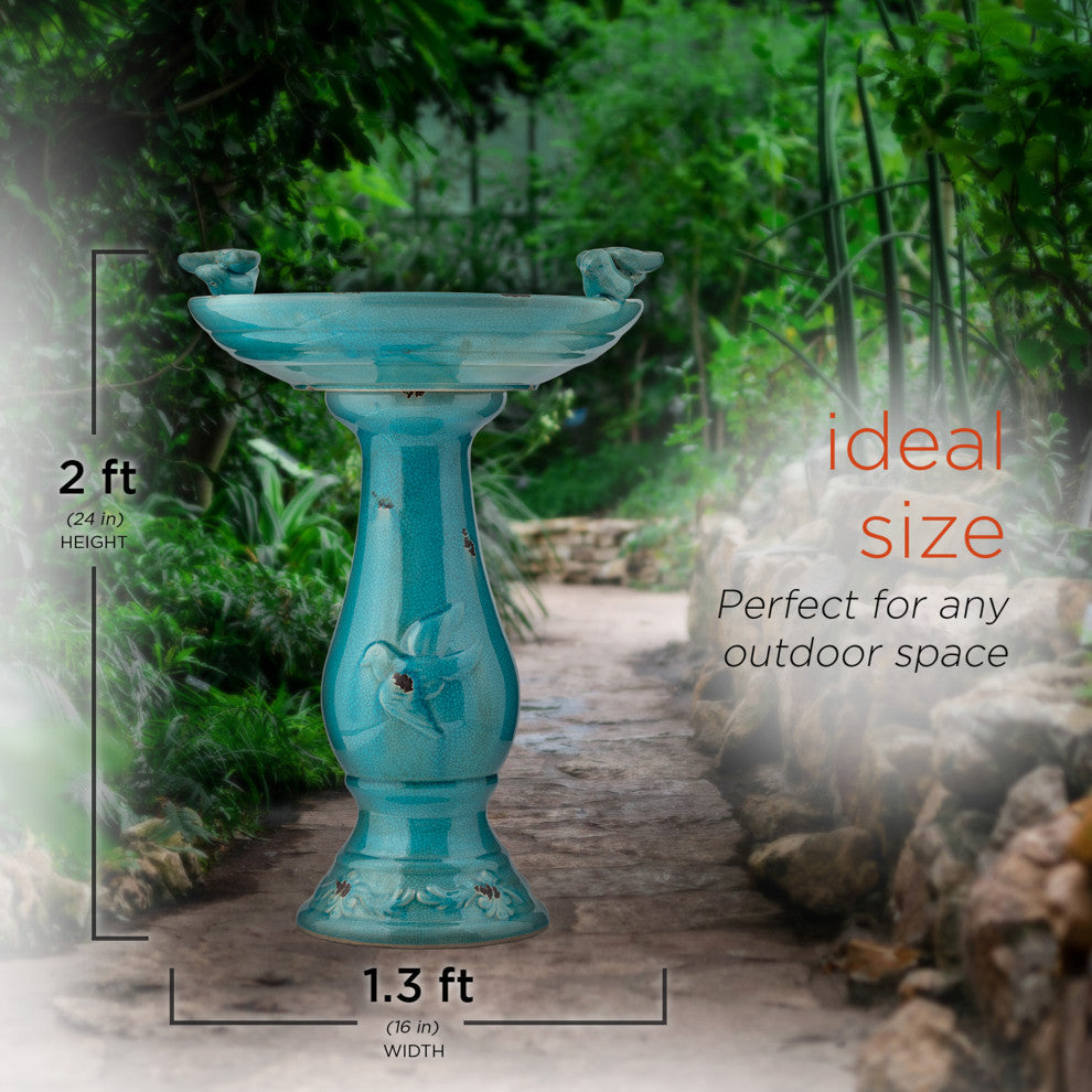 25" Tall Ceramic Antique Pedestal Birdbath with 2 Bird Figurines, Turquoise