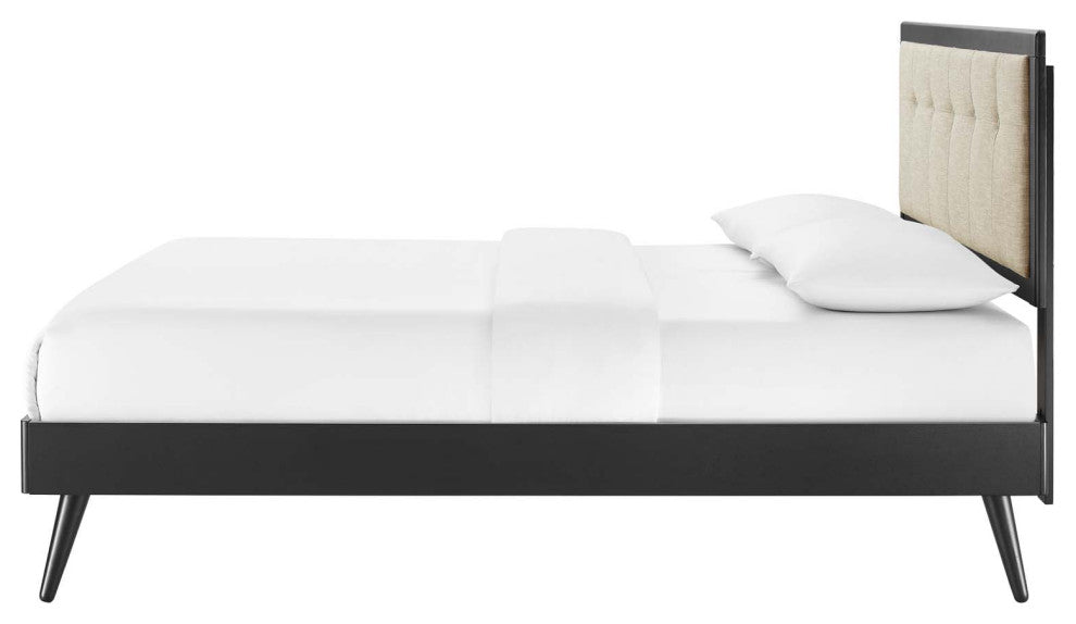 Platform Bed Frame, King Size, Wood, Black Beige, Modern Mid-Century, Bedroom