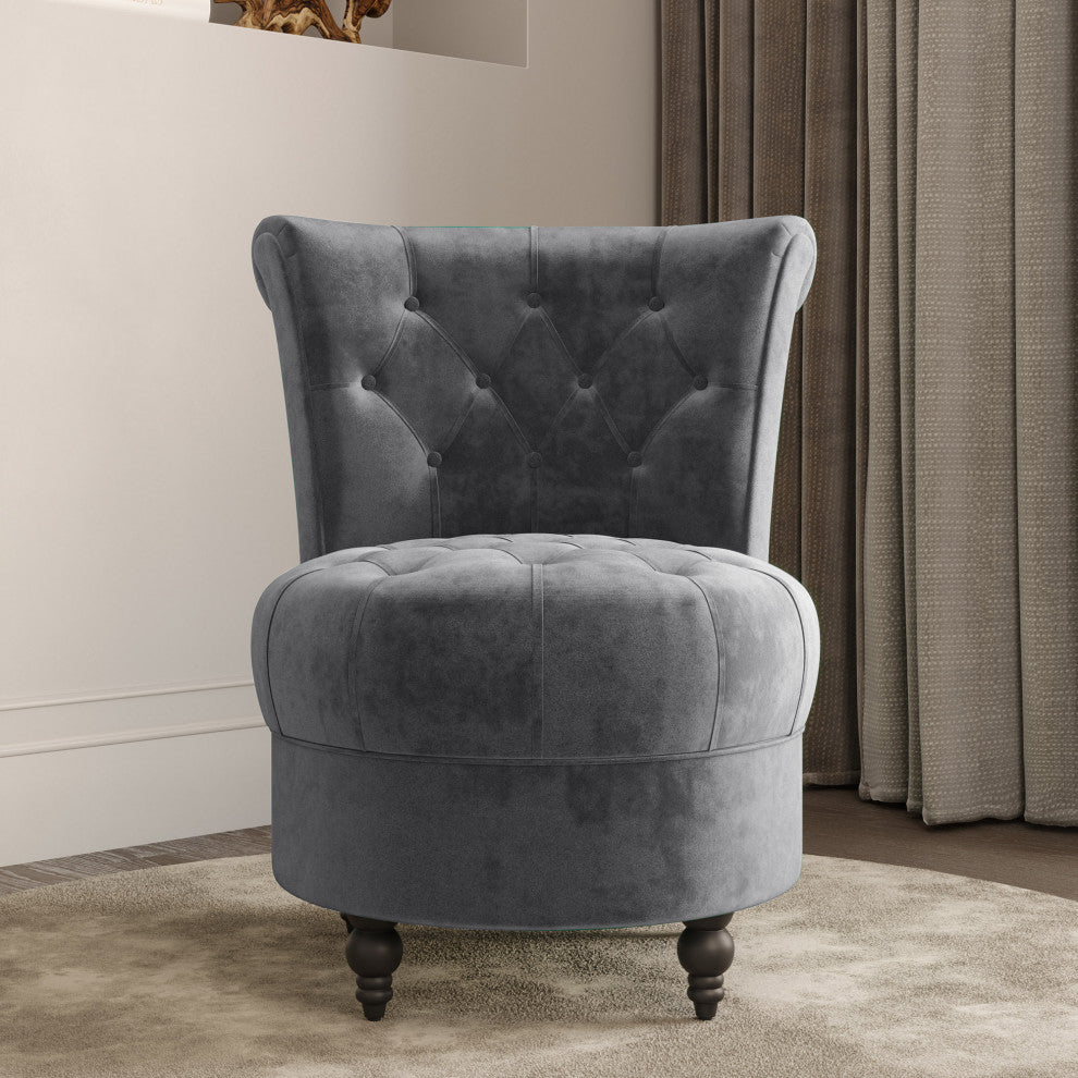 Button-Tufted Accent Chair w/ Thick Padding, Velvet Low Back Chair, Grey