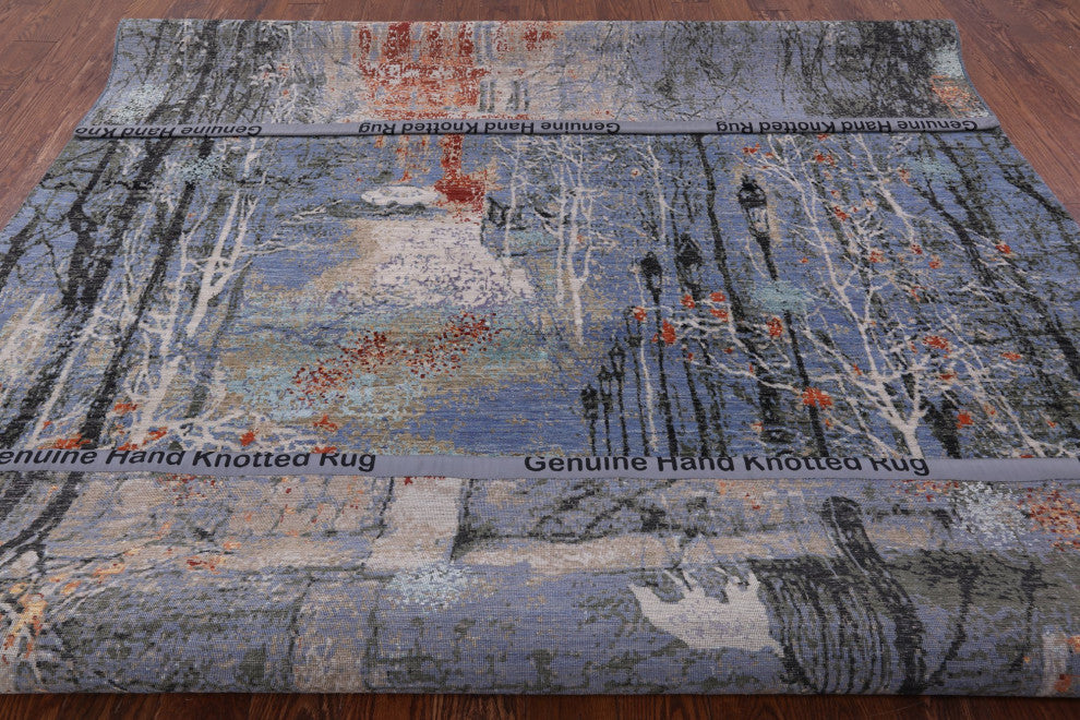 8' 0" X 9' 11" Modern Urban Design Wool and Silk Hand Knotted Rug Q7181