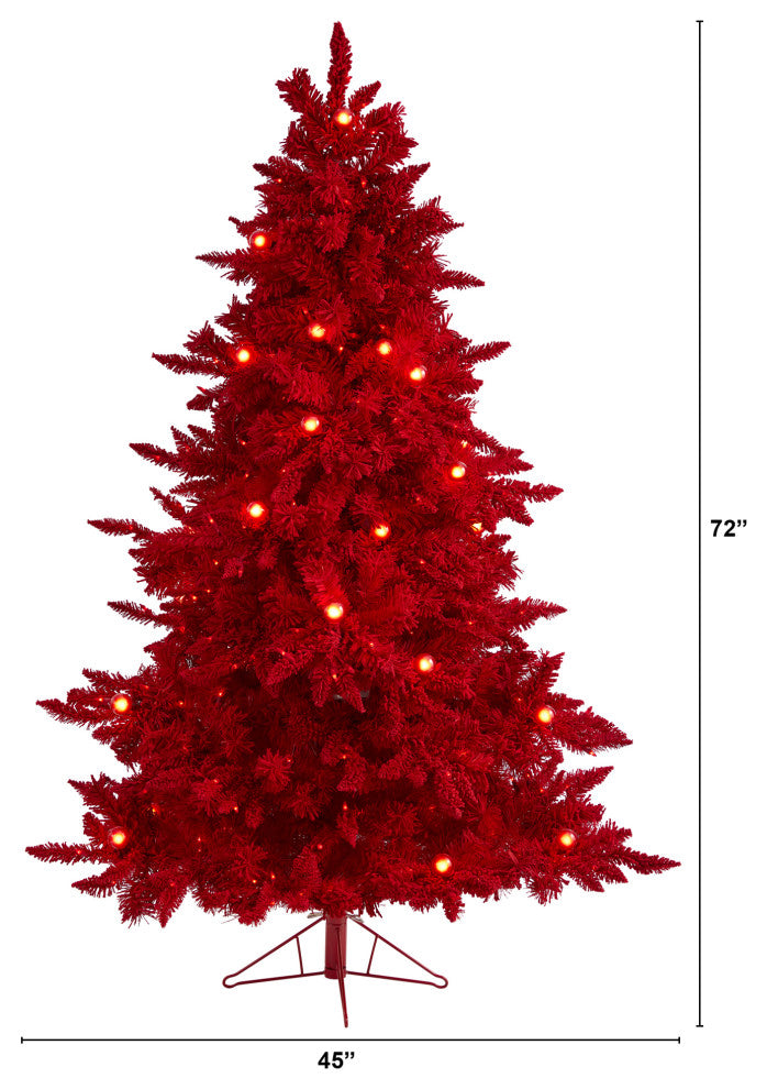 6' Red Flocked Fraser Fir Christmas Tree / 350 Red Lights, 33 Globe Bulbs