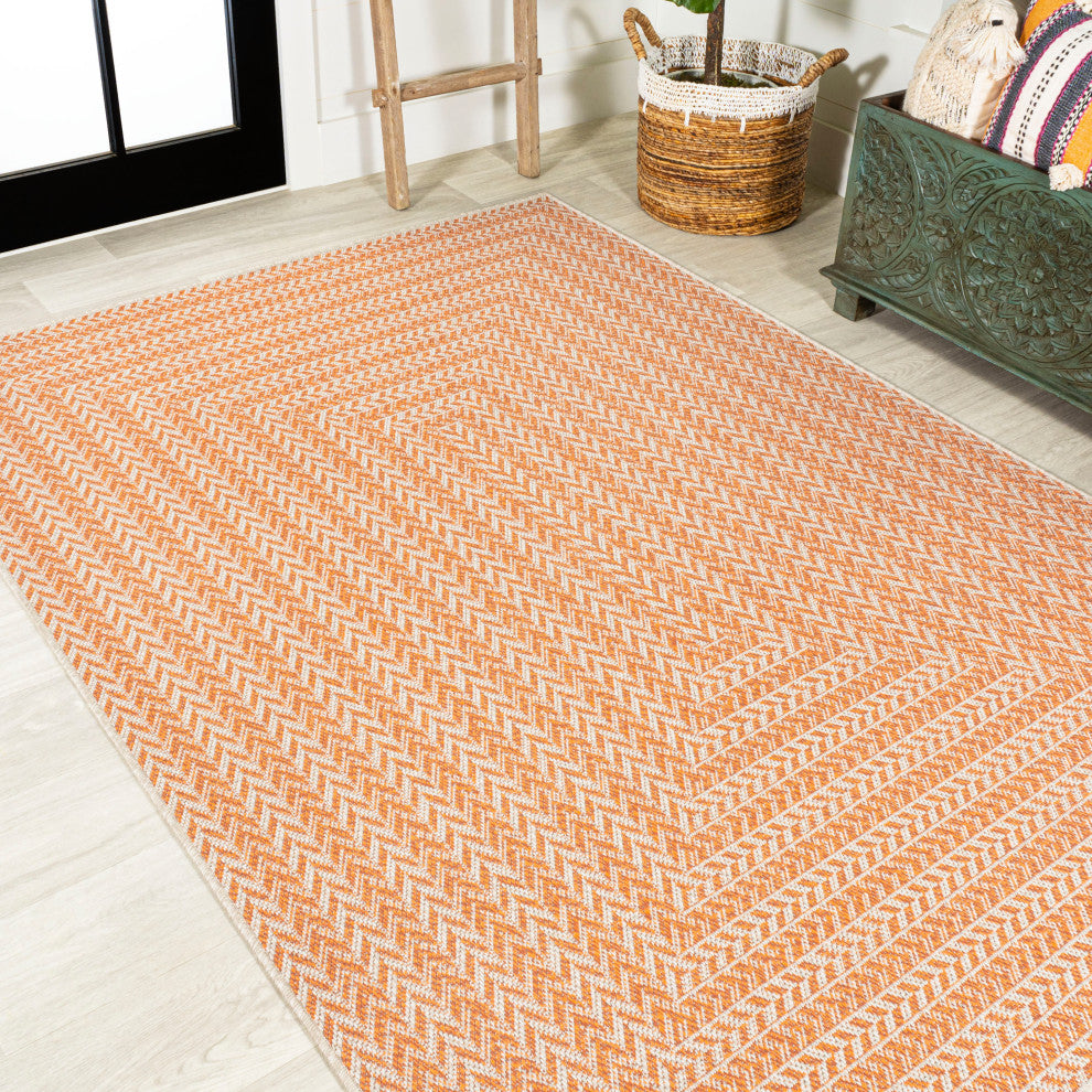 Chevron Modern Concentric Squares Indoor/Outdoor Area Rug, Orange/Cream, 3 X 5