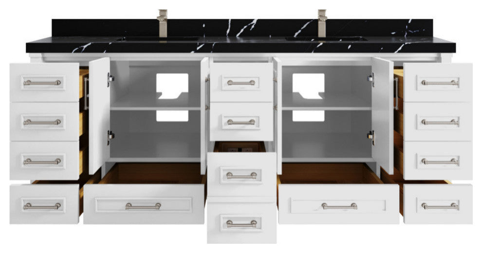 Aberdeen 84 Double Sink Bath Vanity in White 2" Calacatta Black