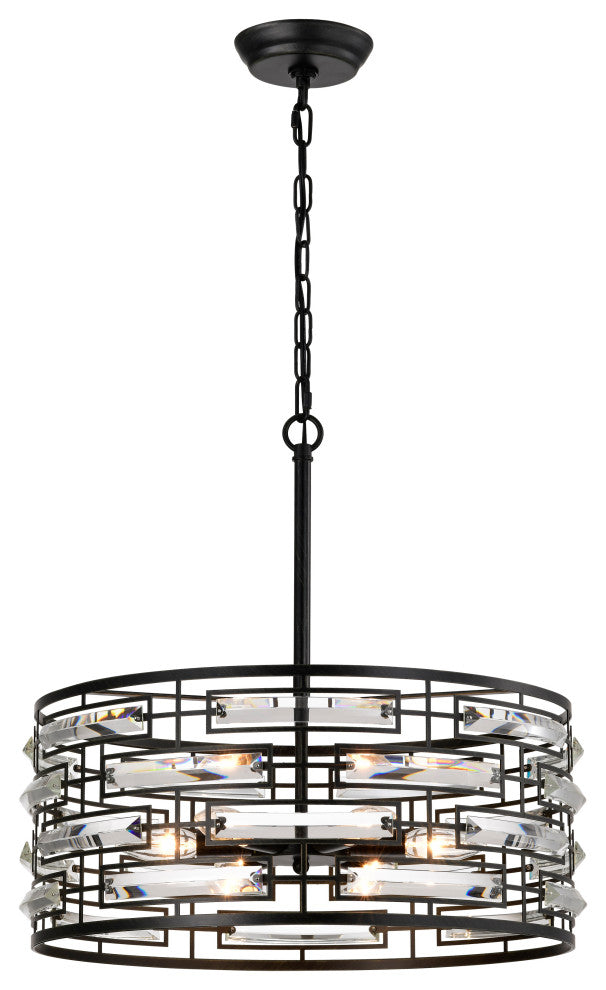 Sue Drum Shade Chandelier With Clear Glass Crystal Prism 6-light, Antique Black
