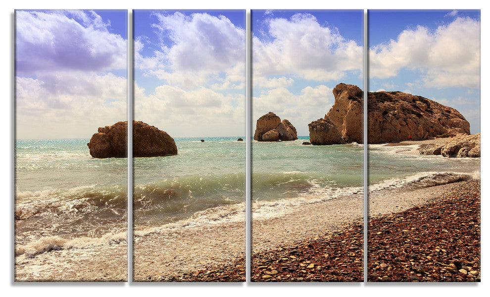 "Amazing Aphrodite'S Rock in Cyprus" Seascape Art Canvas, 4 Panels, 48"x28"