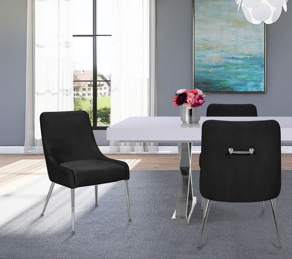 The Ace Dining Chair, Black and Chrome, Pleated Velvet, Set of 2