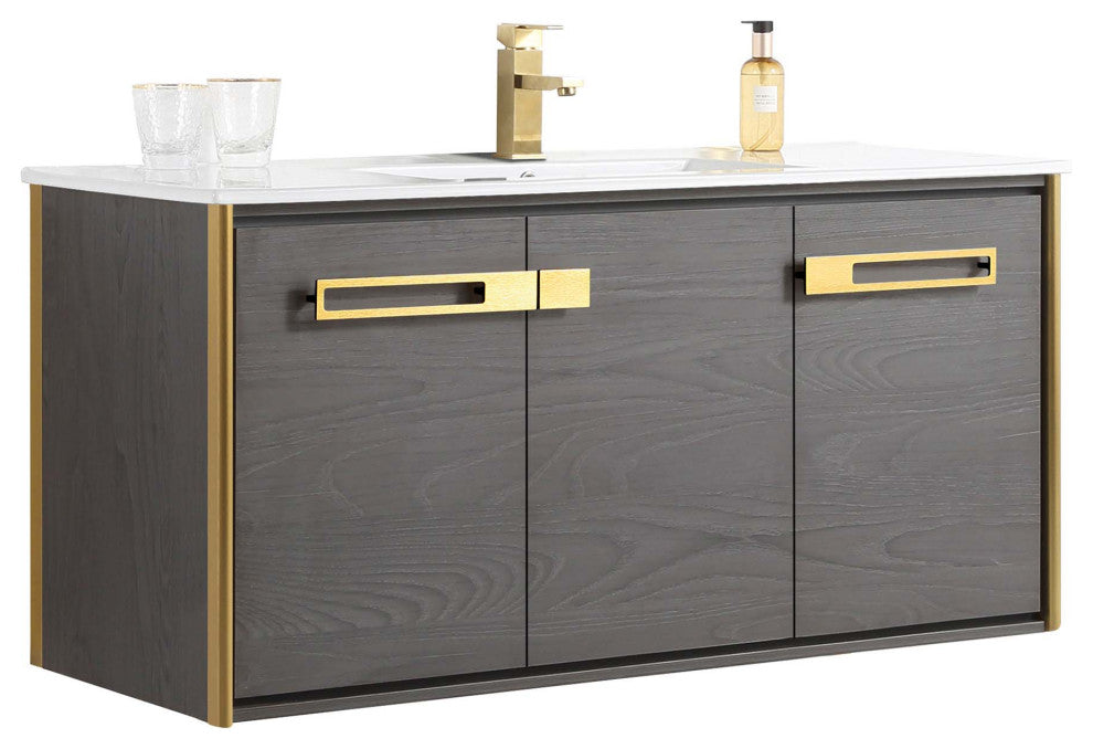 Oakville Wall Mount Bathroom Vanity, Black Coal Oak, 48", Satin Brass Hardware