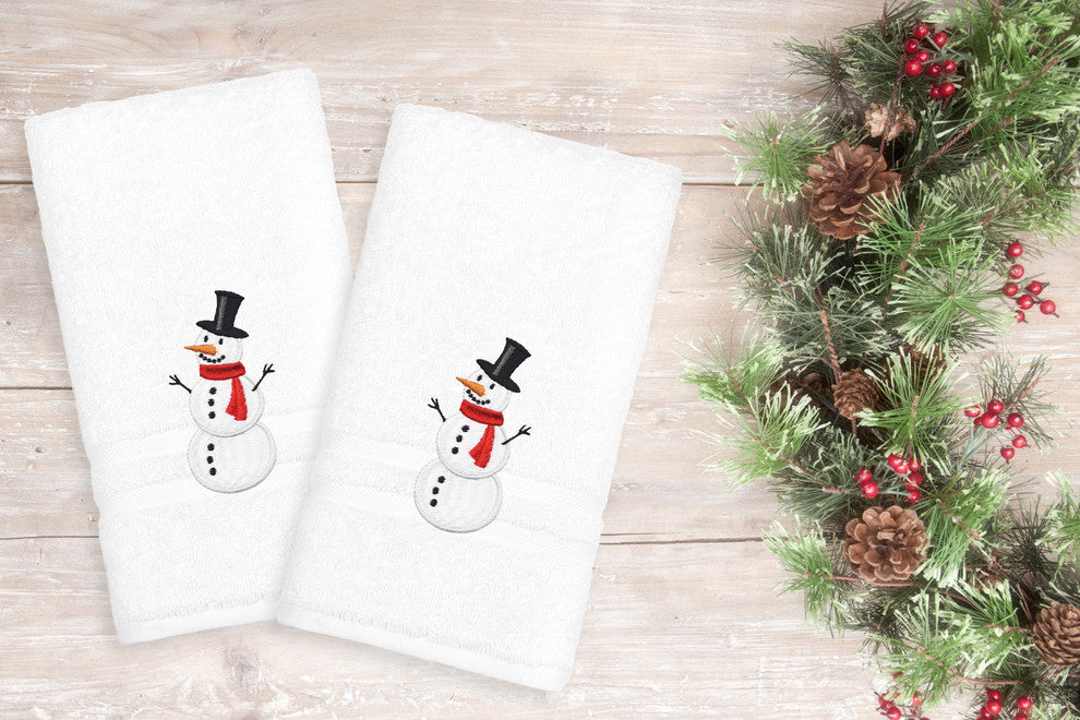 Embroidered Snowman Cotton Denzi Hand Towels, Set of 2, White