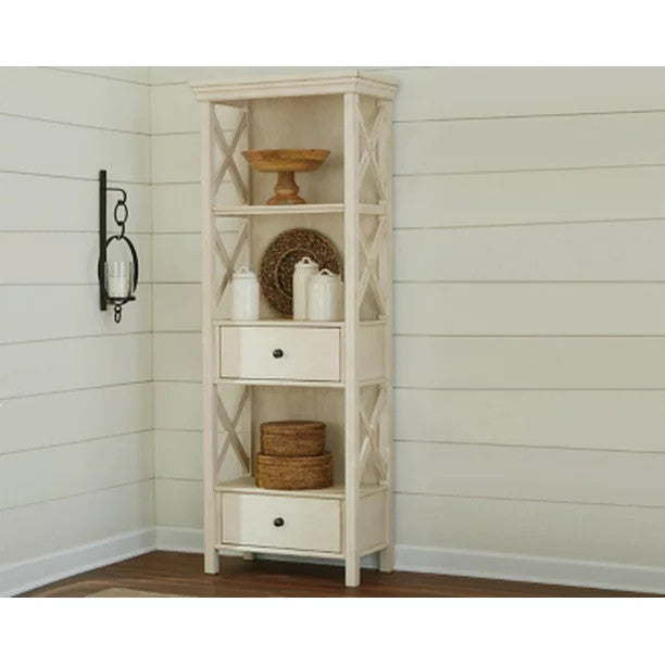 Farmhouse Bookcase, 2 Drawers & Open Shelves With X-Shaped Sides, Antique White