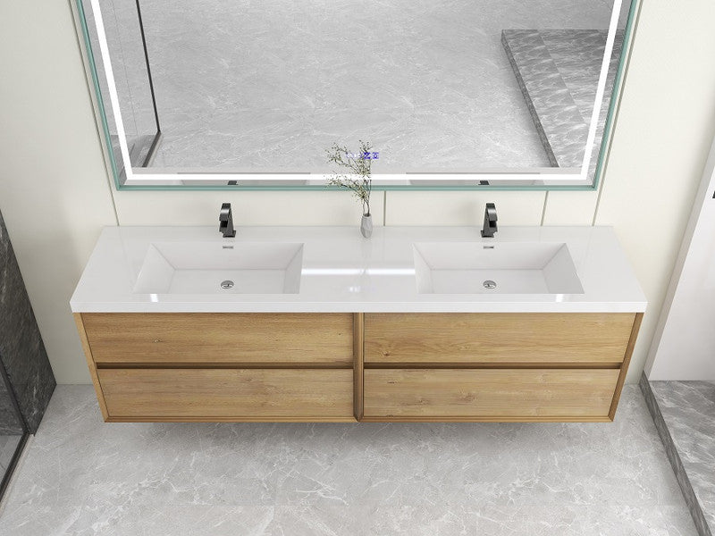 Ashley 84'' Floating Vanity, Acrylic Top, Double Sink, White Oak