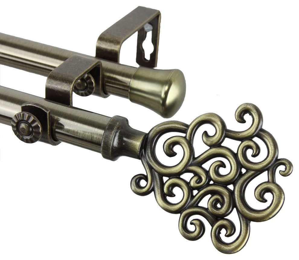 Fabritio 13/16" Double Corner Window Curtain Rod, Antique Brass, 28-48"