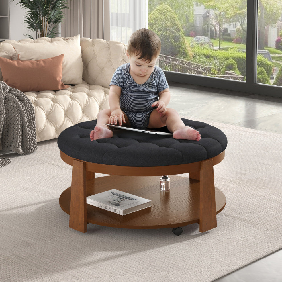 Gewnee Modern Large Round Ottoman Coffee Table, Black