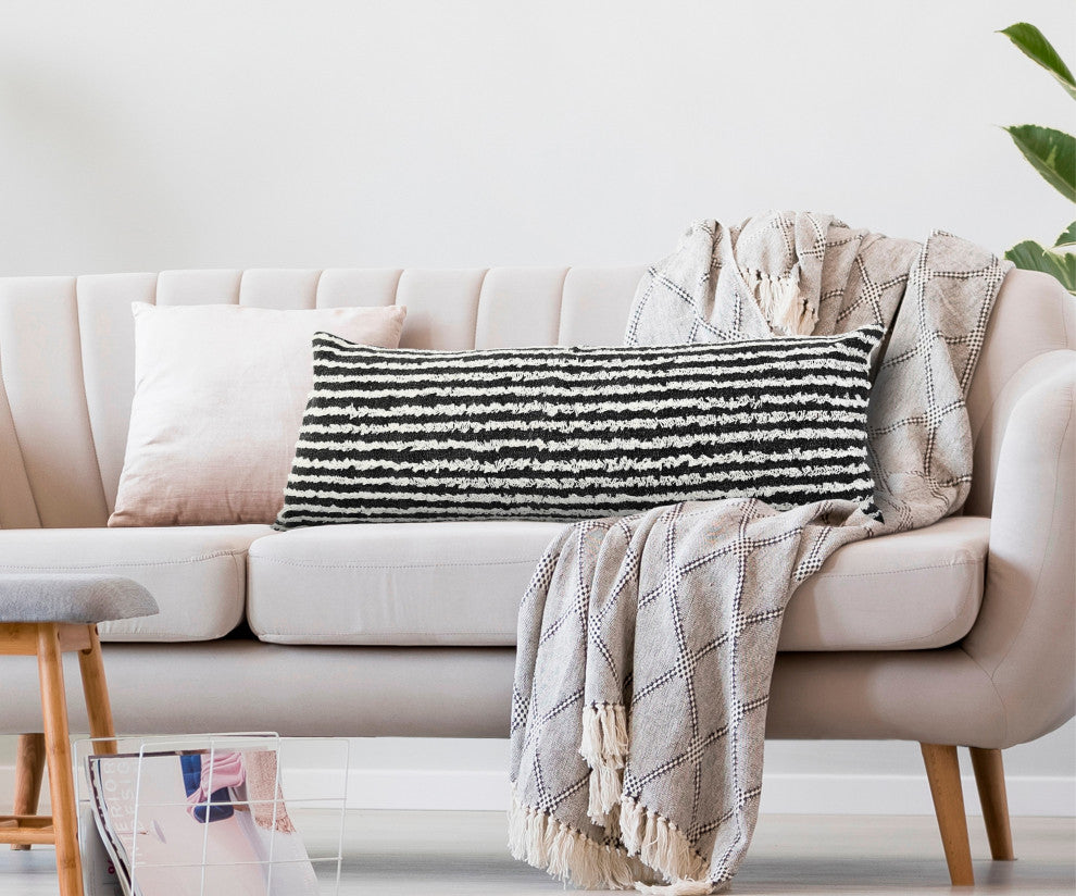 Ox Bay Hand-stitched Black/White Stripe Organic Cotton Pillow Cover, 14"x36"