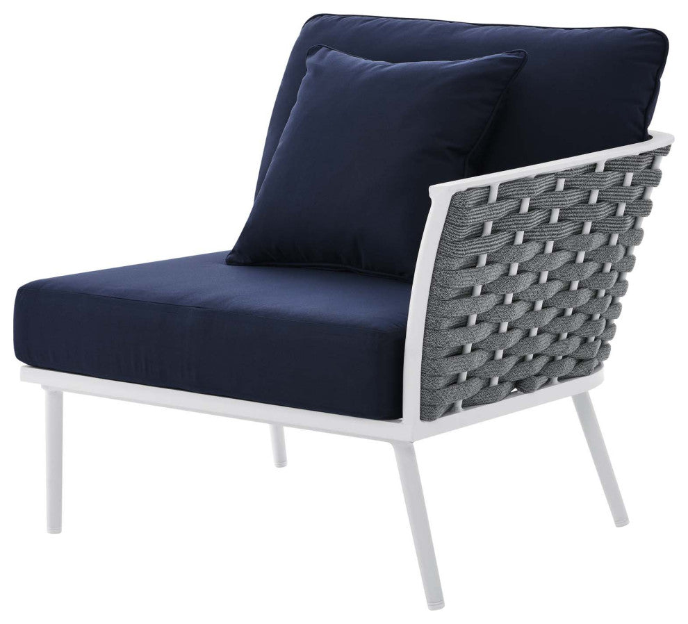 Lounge Sectional Sofa Chair Table Set, Navy White, Aluminum, Modern, Outdoor