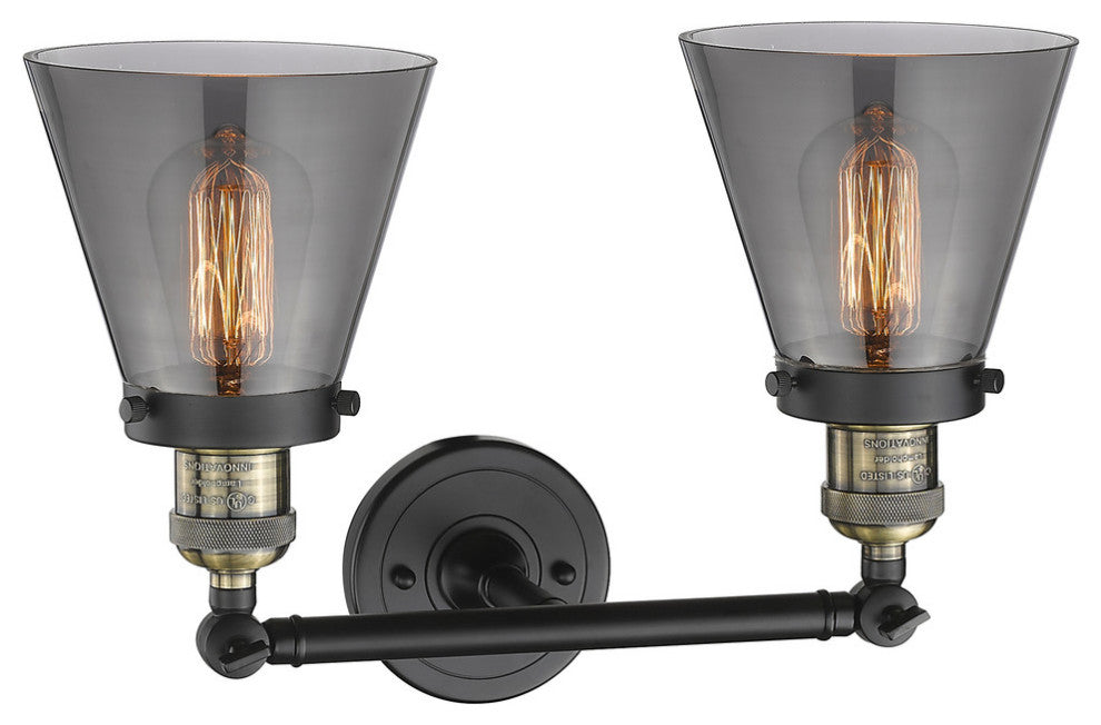 2-Light Small Cone 16" Bath Fixture, Black Antique Brass, Glass: Smoked