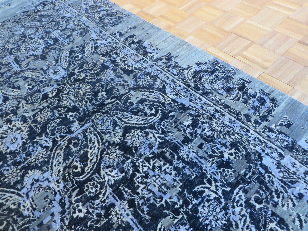 6'4"x10' Hand-Knotted Black Wool and Silk Modern Oriental Rug