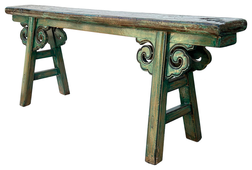 Distressed Brown Green Blue Village Slim Narrow Scroll Apron Wood Bench