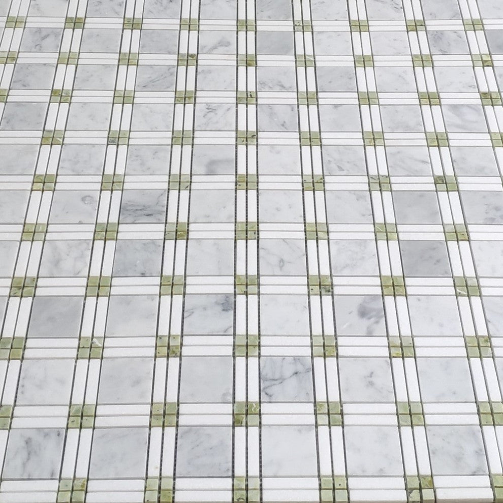 Carrara White Marble Plaid Tartan Mosaic Tile Green Jade Thassos Honed, 1 sheet