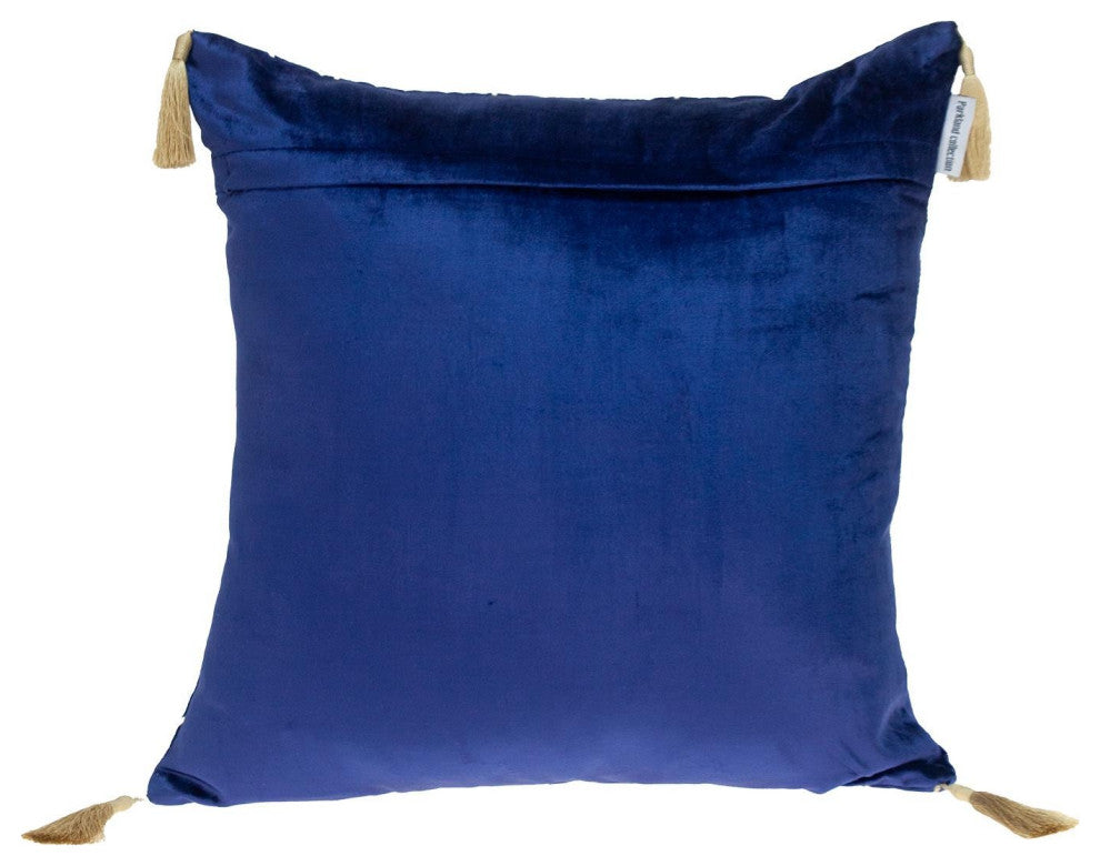 Blue and Gold Geo Velvet Throw Pillow With Gold Tassels