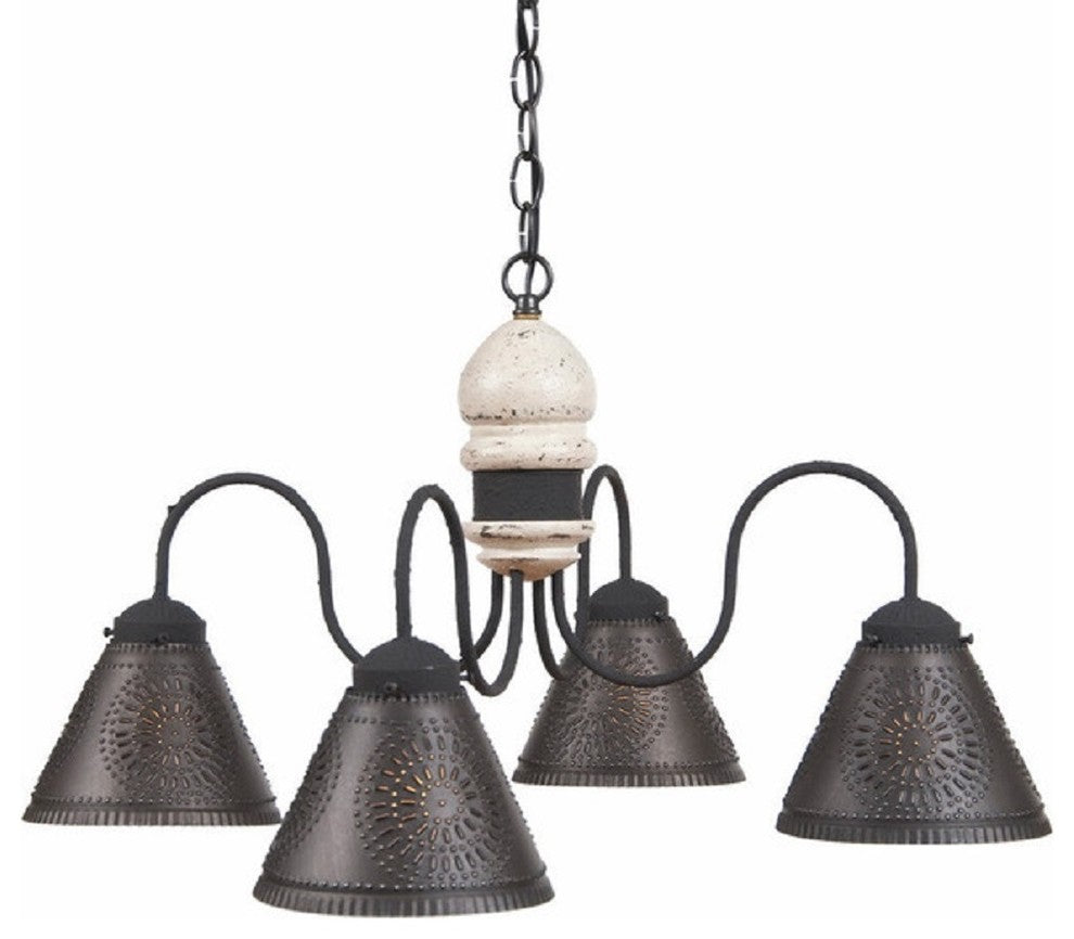 Wood and Punched Tin Chandelier, Vintage White