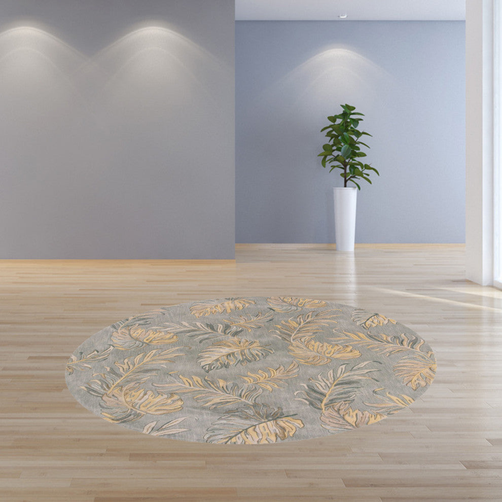 HomeRoots 8' Grey Hand Tufted Tropical Palms Round Indoor Area Rug