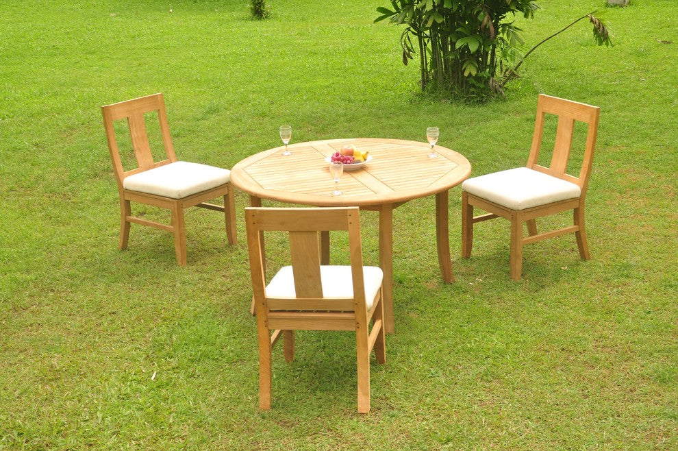 4-Piece Outdoor Patio Teak Dining Set: 48" Round Table & 3 Osbo Armless Chairs