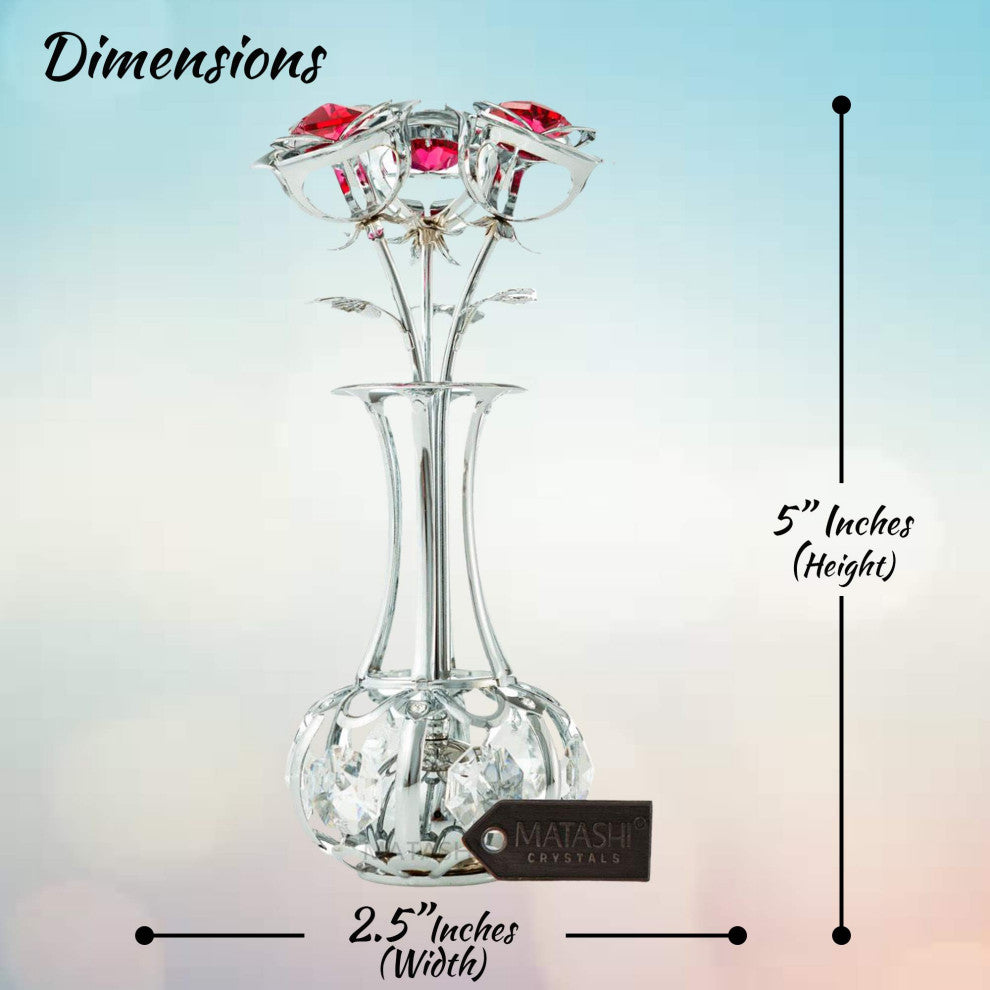 Chrome Plated Flowers Bouquet and Vase With Red and Clear Crystals Home Decor