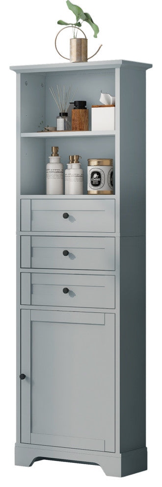 68" Tall Freestanding Bath Cabinet, 3 Drawers and Adjustable Shelves, Grey