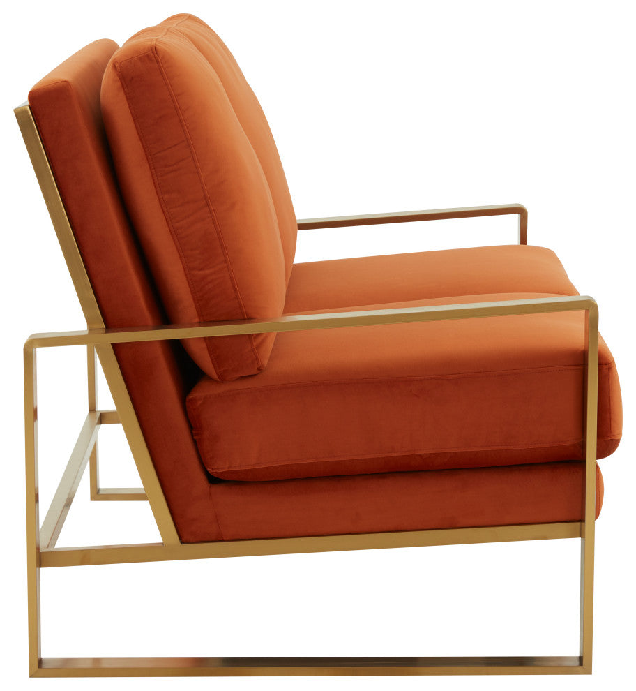 LeisureMod Jefferson Modern Design Velvet Loveseat With Gold Frame, Orange