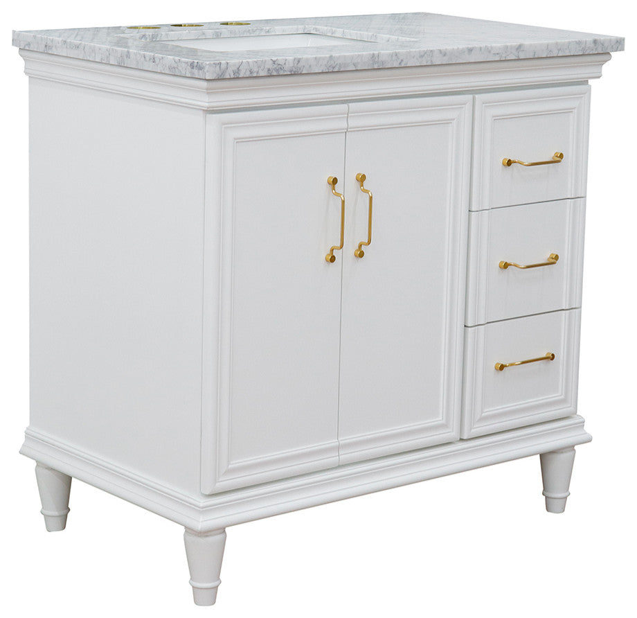 37" Single Vanity, White Finish With White Carrara