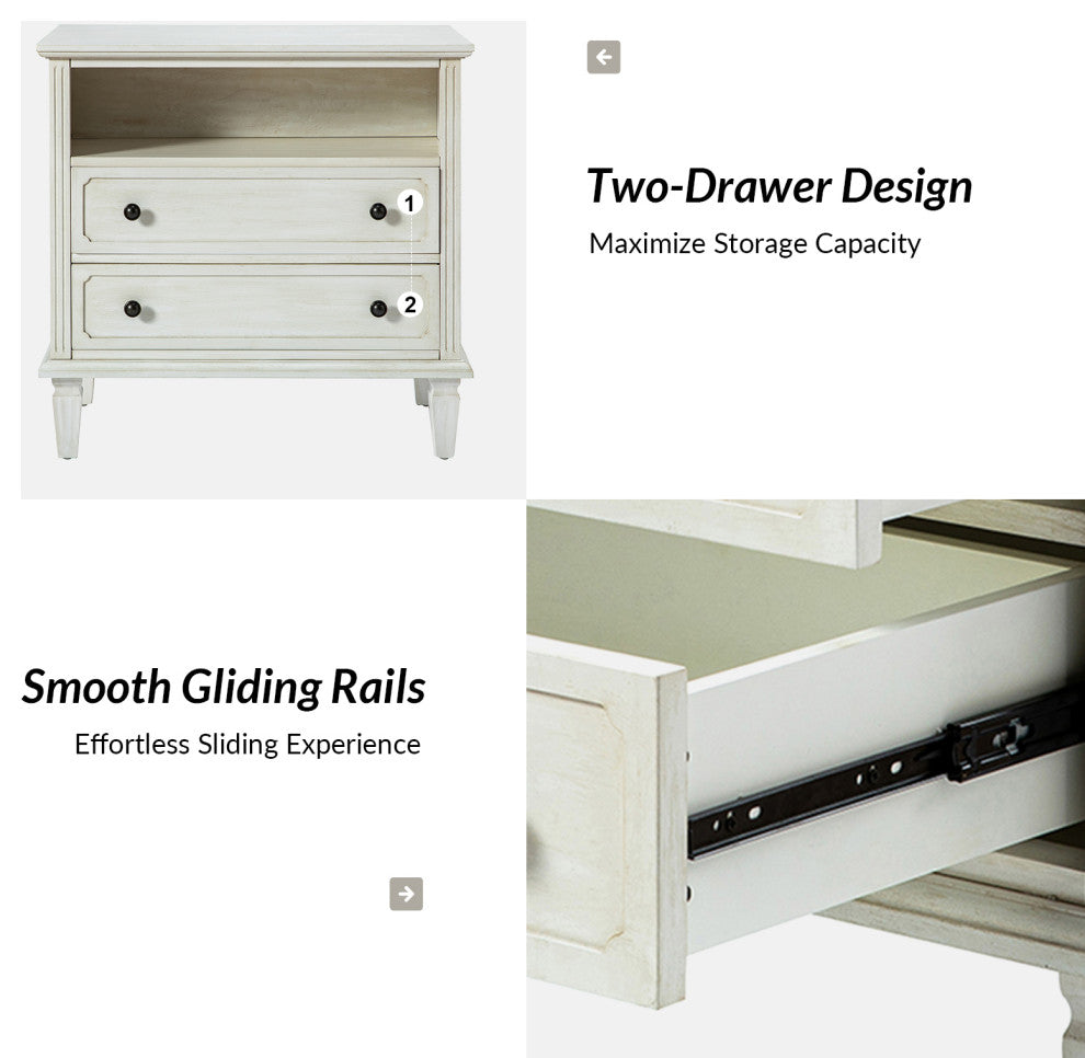 Drawer Solid Wood Nightstand Set of 2, White